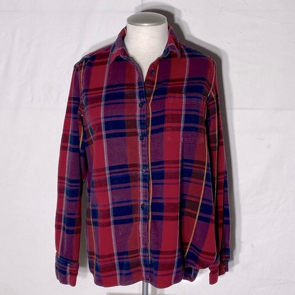 Roots Red Blue Plaid Flannel Button Up Top S - Picture 2 of 11
